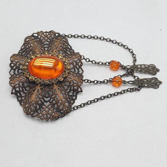 Vintage Czecho Art Deco Filigree Brooch Pin With Amber Glass Cabochon Chains - Picture 2 of 4